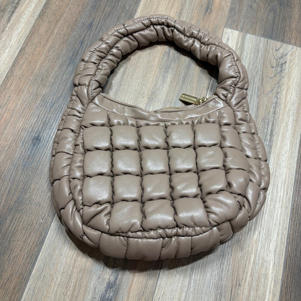 Expressions NYC Quilted Puffy Handbag Shoulder Bag Tan Inner Zip Pockets